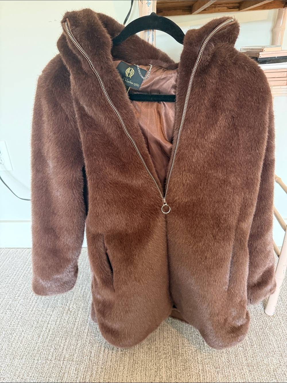 House of Harlow 1960 Chocolate Brown Faux Fur Hooded Jacket